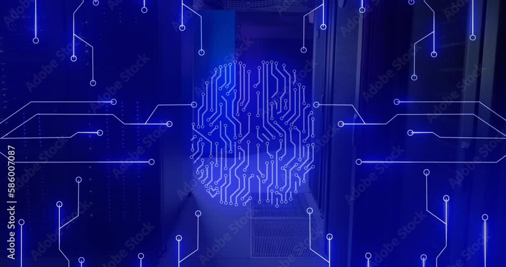 Poster animation of circuit board pattern around brain against server room in background
