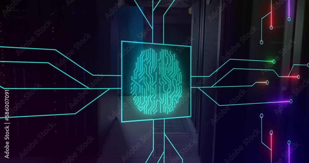 Poster animation of illuminated circuit board pattern around brain in square over server room