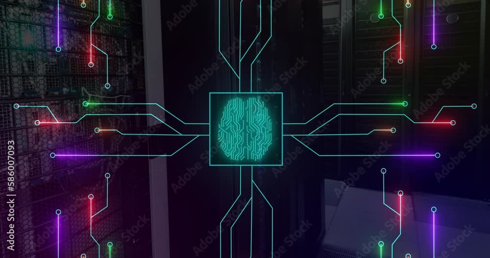 Poster animation of illuminated circuit board pattern around brain in square over server room