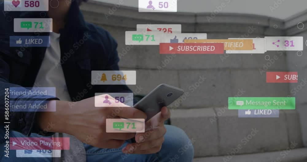 Poster animation of multiple notification icons with changing numbers over biracial man using cellphone
