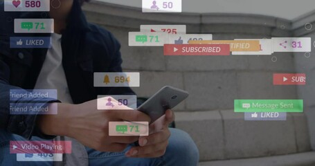 Animation of multiple notification icons with changing numbers over biracial man using cellphone