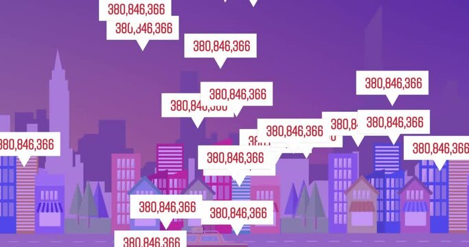 Animation of increasing numbers over speech bubbles against city scape on purple background