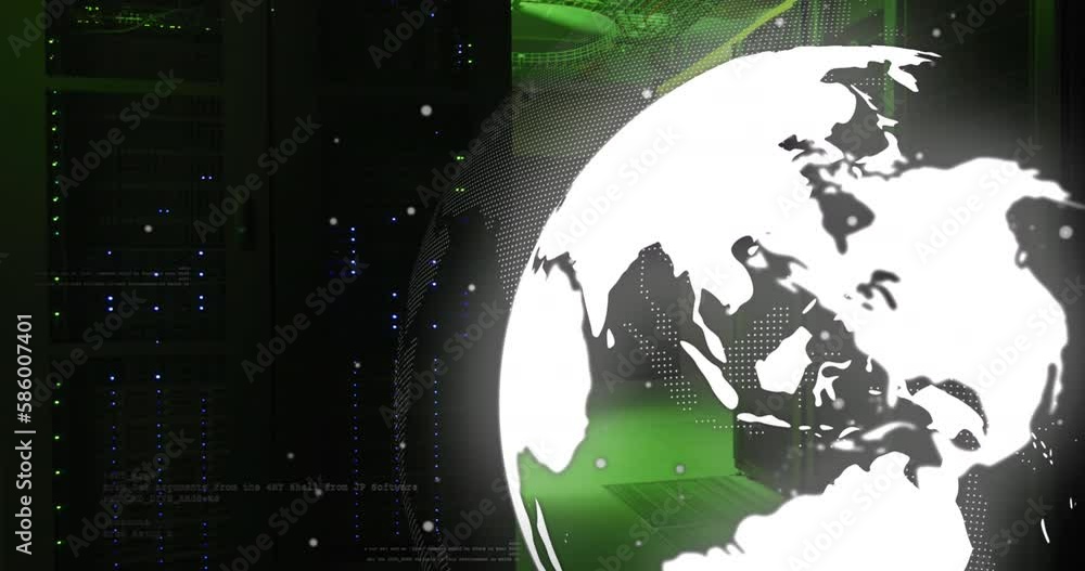 Poster animation of dots around globe and computer language over illuminated server room