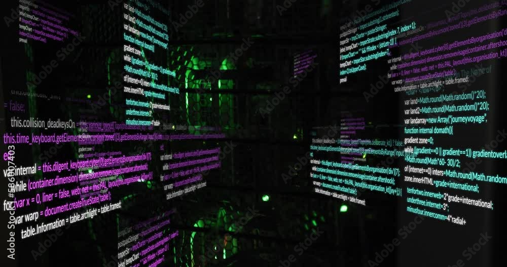 Poster animation of multicolored computer language over illuminated server rack in server room