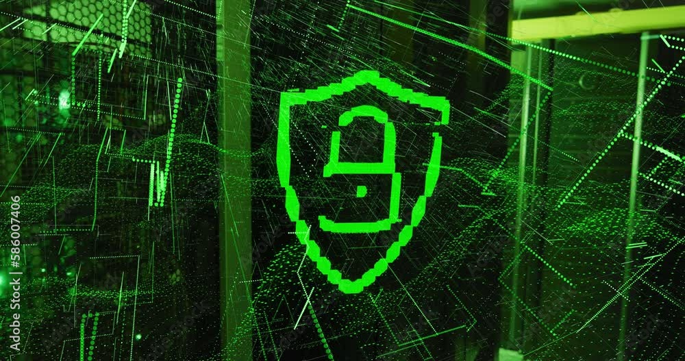 Poster animation of padlock in shield over dynamic wave pattern and lines against server room