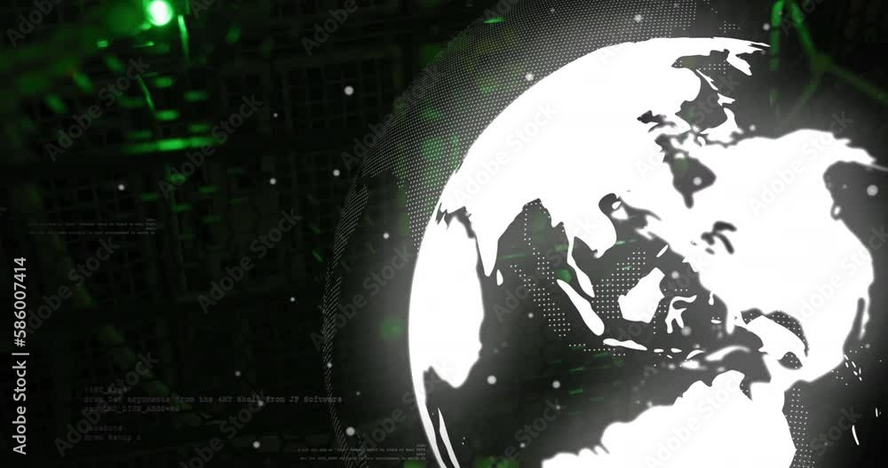 Poster animation of dots around globe and computer language over server rack in background
