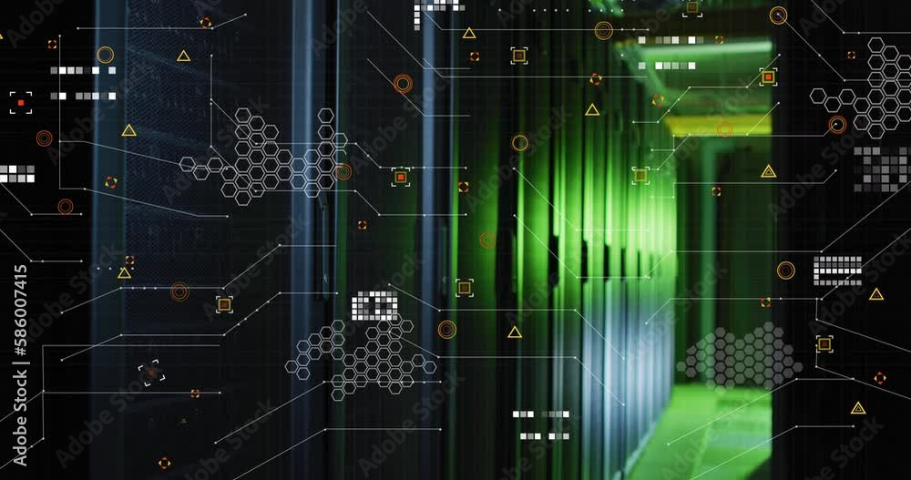 Poster animation of geometric shapes and patterns with circuit board pattern over illuminated server room