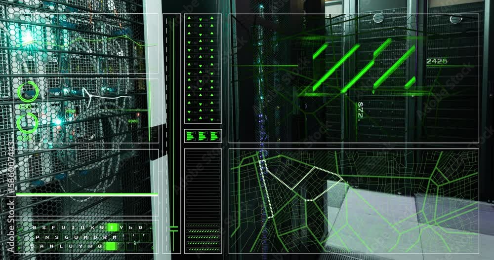 Poster animation of loading circles, bars, lines, navigation pattern over server room