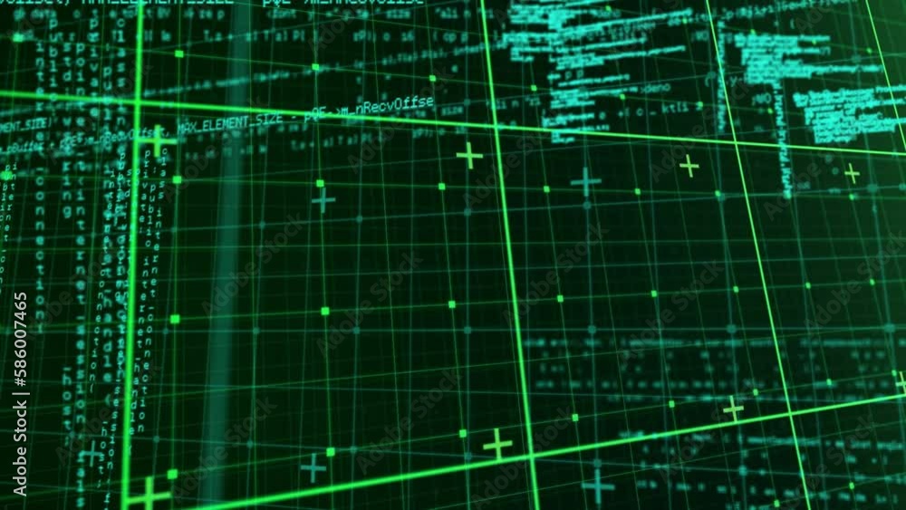 Poster animation of data processing over grid network against green background