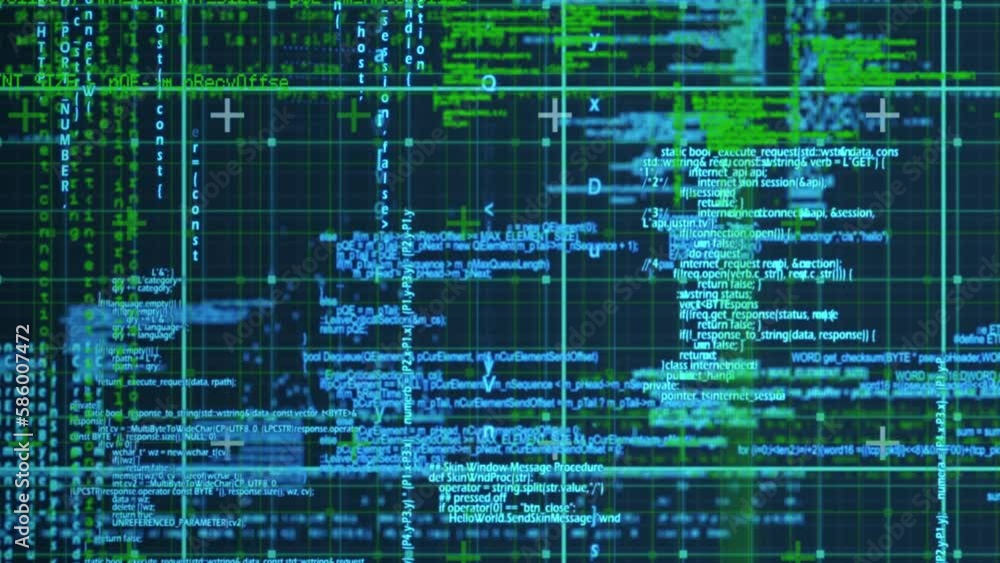 Poster animation of data processing over grid network against blue background