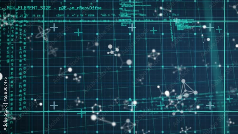 Aufkleber animation of molecular structures and data processing over grid network against blue background