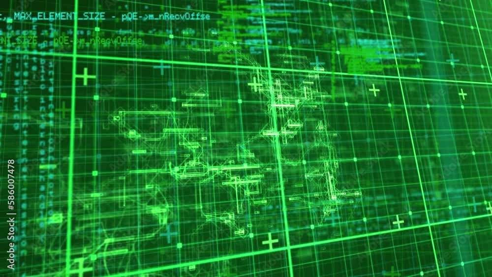 Poster animation of data processing over grid network against green background