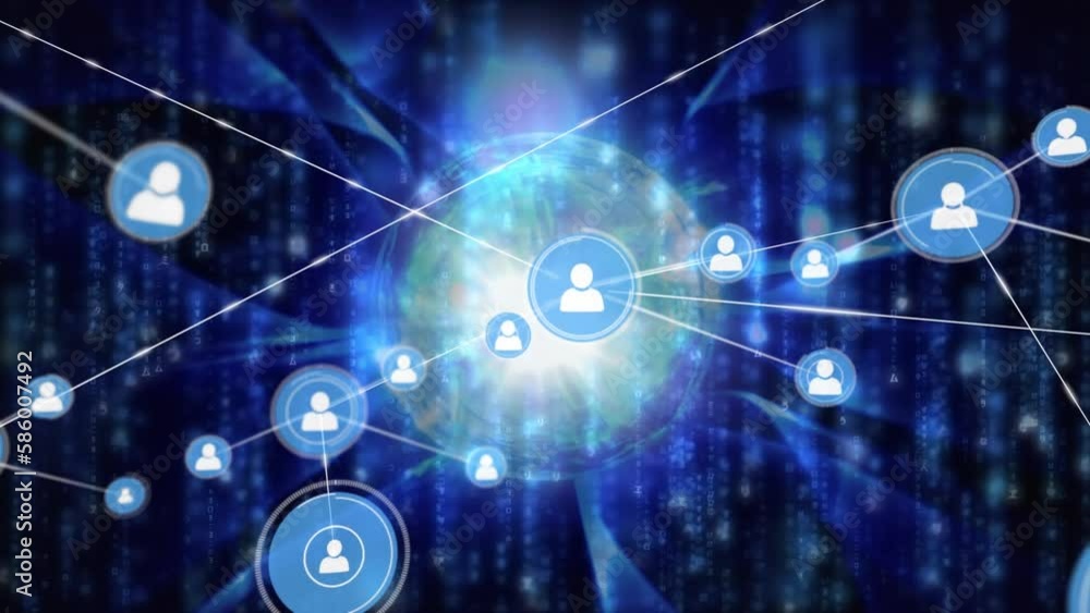 Poster animation of network of profile icons over blue light trails falling and globe on black background