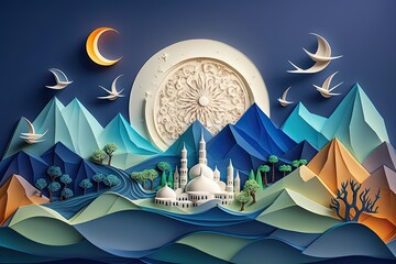 ramadan mosque paper quilling mountain and sea landscape cutting paper with blue sky background ai generated