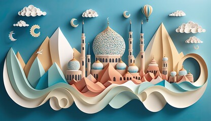 ramadan mosque paper quilling mountain and sea landscape cutting paper with blue sky background ai generated