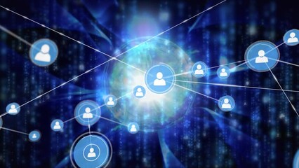 Animation of network of profile icons over blue light trails falling and globe on black background - Powered by Adobe