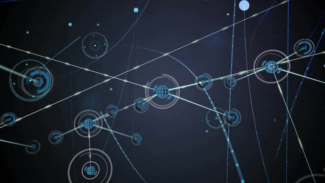 Animation of network of digital icons and light spots against blue background