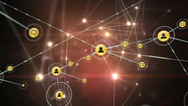 Animation of glowing network of connections and digital icons against red background