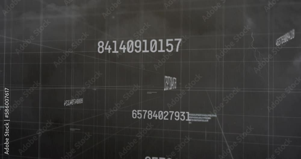 Poster animation of changing numbers, data processing and light trails against thunderstorms in dark clouds