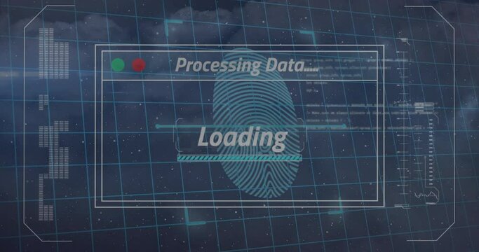 Animation of interface with data processing over biometric fingerprint scanner and padlock icon