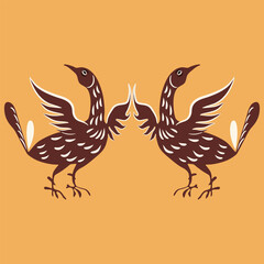 Symmetrical design with two cute stylized birds. Traditional Russian folk motif. brown silhouettes on yellow background.