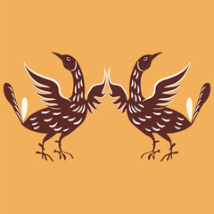 Symmetrical design with two cute stylized birds. Traditional Russian folk motif. brown silhouettes on yellow background.