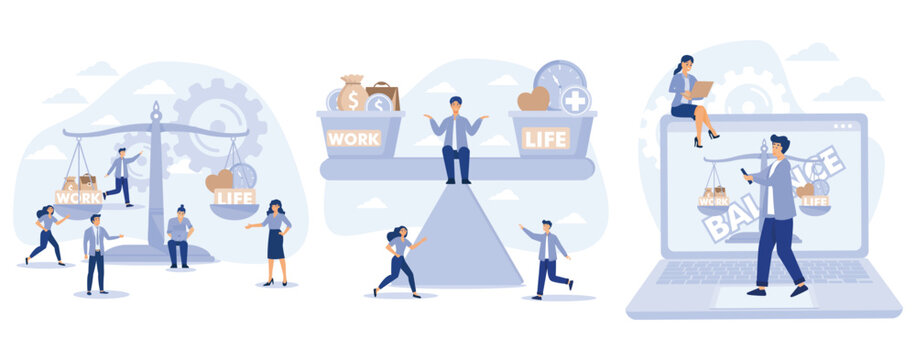 Work and life balance. Tiny people keep harmony choose between career and money versus love and time, leisure or business, set flat vector modern illustration 