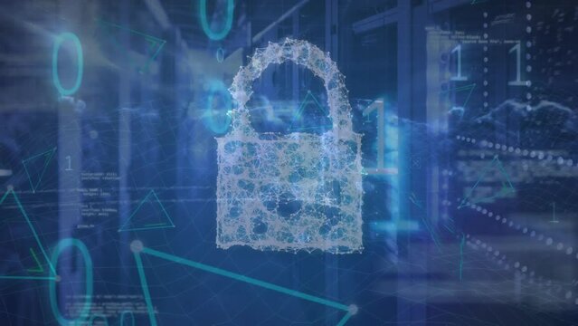 Animation of security padlock icon and binary coding over dark clouds against computer server room