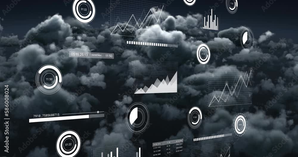 Aufkleber animation of statistical data processing against dark clouds in the sky