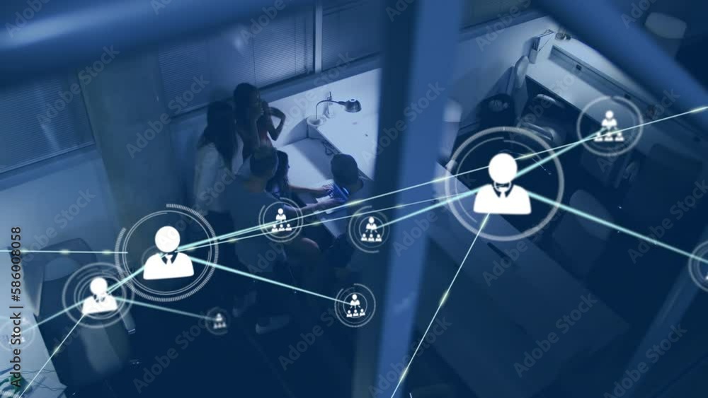 Aufkleber animation of network of profiles on overhead view of diverse businesspeople discussing at office