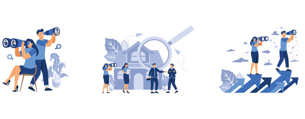 searching for employees for vacant place, House selection and search, house project, real estate business, study horizons company work finding ways develop, set flat vector modern illustration