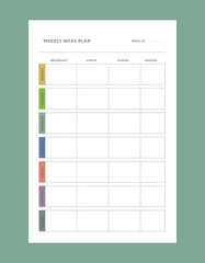 Weekly Meal Plan. Minimalist planner template set. Vector illustration.