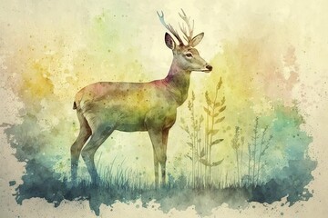 A gentle deer standing in a meadow, with a watercolor background featuring shades of green and yellow to create a natural and peaceful environment Generative AI
