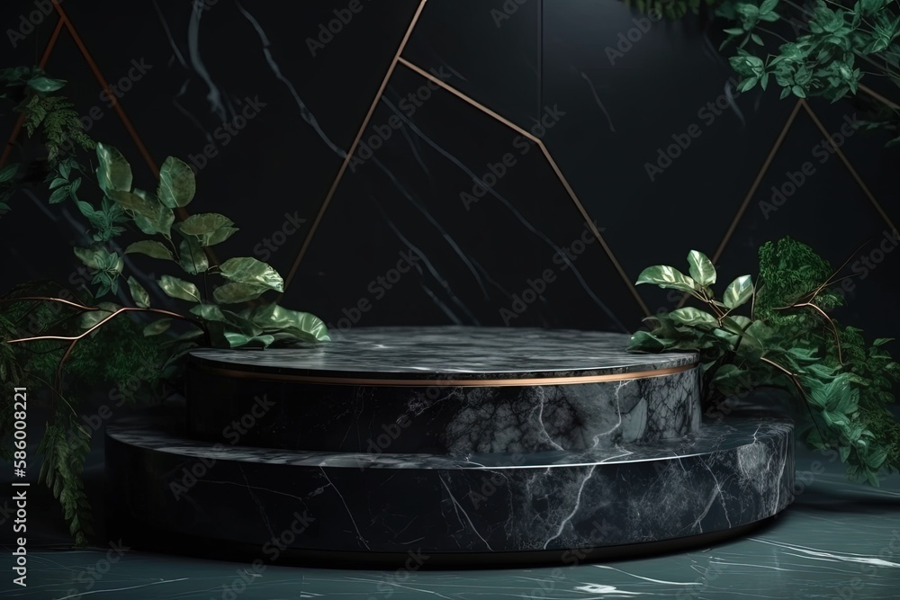 Aufkleber sophisticated black marble table adorned with lush greenery created with generative ai technology
