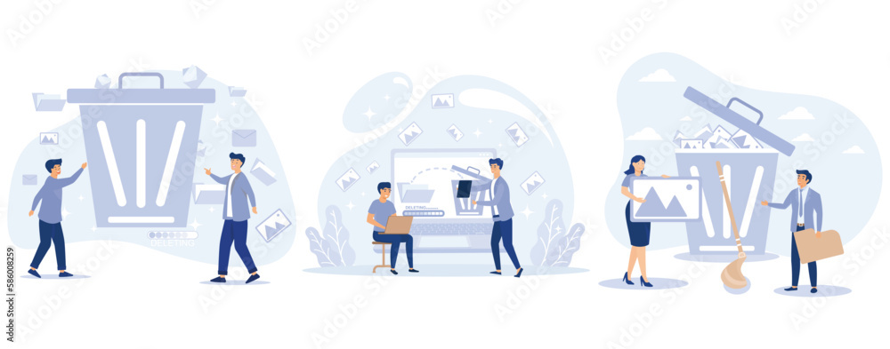 Poster delete concept. tiny people deleting data and move unnecessary files to the trash bin, set flat vect