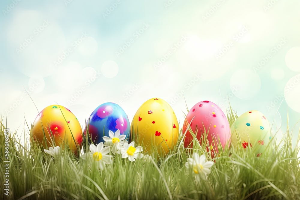 Poster illustration of colorful easter eggs in a grassy field created with generative ai technology