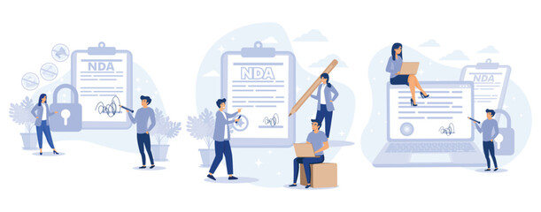 NDA contract. Non disclosure agreement. Tiny people sign confidentiality agreement document. Corporate secret protection,  set flat vector modern illustration