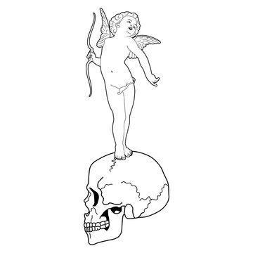 Cupid or Amur holding bow standing on human skull. Juxtaposition of love and death. Eros and Thanatos. Ancient Greek god Eros as a winged Putto angel child. Black and white linear silhouette.