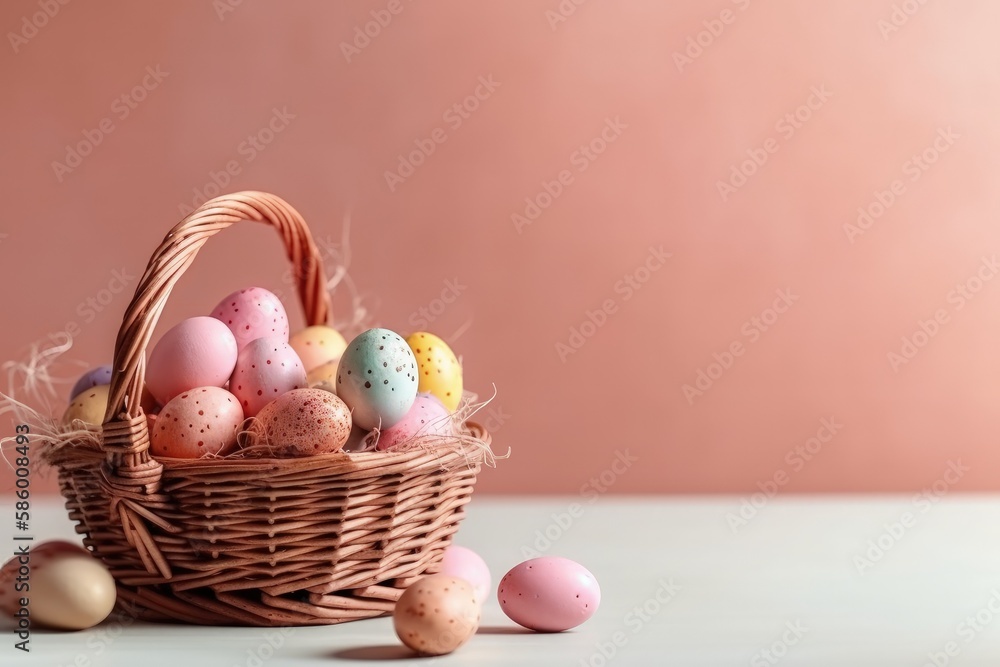 Poster rustic wicker basket filled with fresh eggs on a wooden table created with generative ai technology