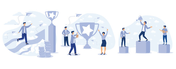 Success concept. Business Team Success, Achievement Concept. Tiny People with Prize, Cup. set flat vector modern illustration 