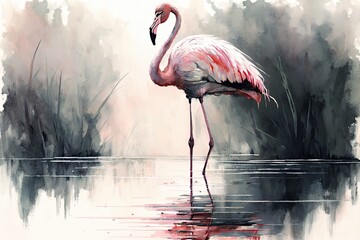 A graceful flamingo perched on in a serene lake, with its pink feathers reflected in the calm water Generative AI