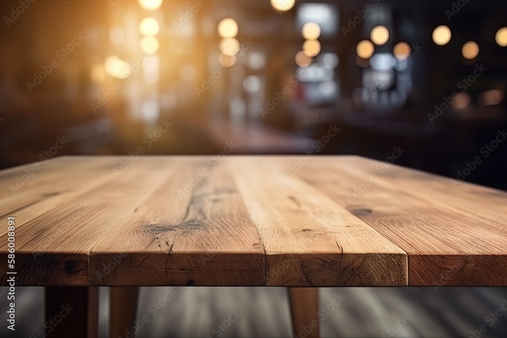 Poster wooden table with ambient lighting in the background created with generative ai technology