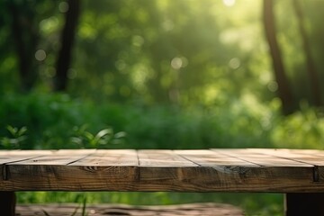 Fototapeta premium rustic wooden table surrounded by trees in a peaceful forest setting created with Generative AI technology