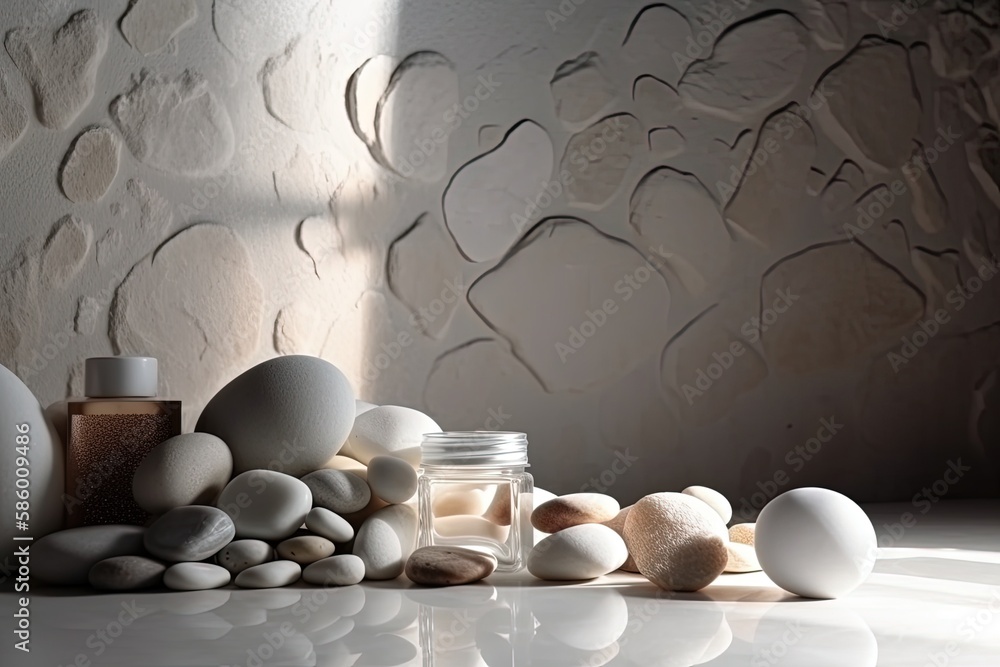 Aufkleber minimalist white table decorated with an arrangement of white rocks created with generative ai techn