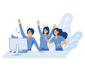 Happy business team, colleagues rejoicing success, achievement, victory, progress at work together. Good successful teamwork concept, flat vector modern illustration