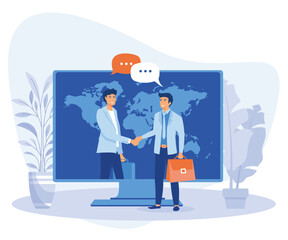 online conclusion of the transaction. the opening of a new startup. business handshake, via phone and laptop,  flat vector modern illustration
