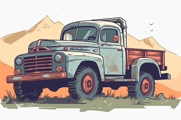 Fototapeta premium abandoned pick up truck in a rustic field created with Generative AI technology