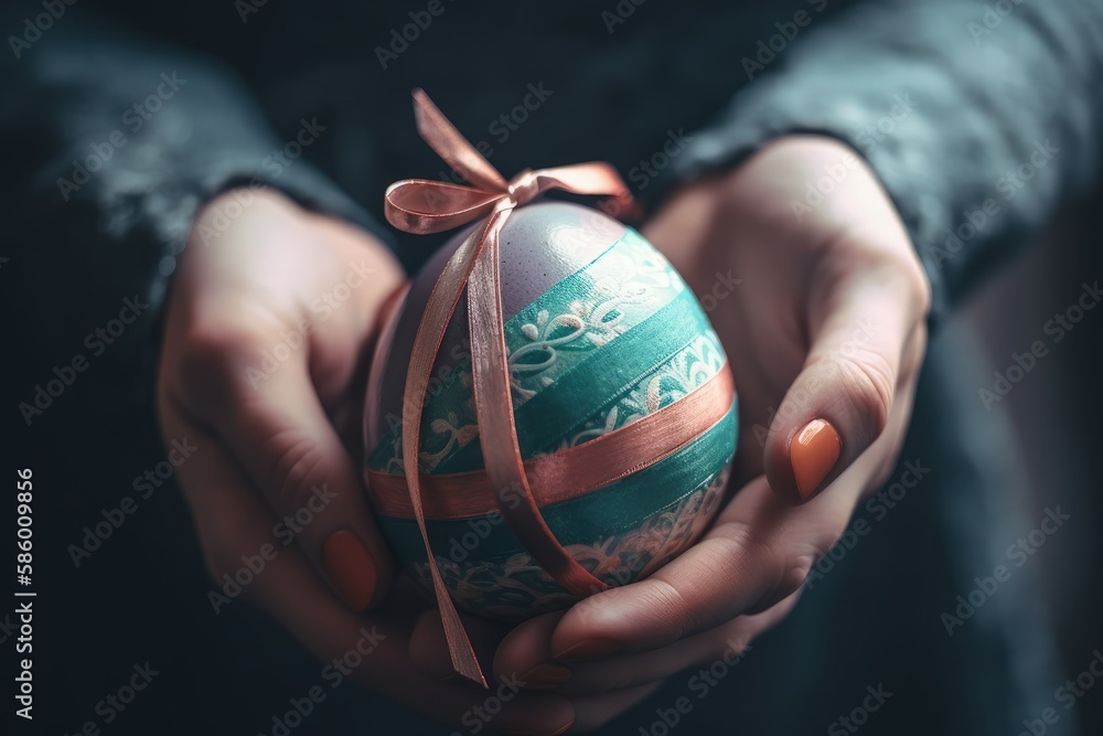 Poster person holding a colorful easter egg in their hands against a springtime background created with gen