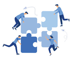 Business concept. Team metaphor. people connecting puzzle elements, Symbol of teamwork, cooperation, partnership, flat vector modern illustration 