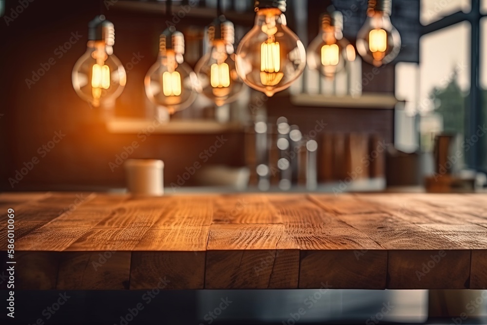 Poster wooden table covered in a cluster of glowing light bulbs created with generative ai technology